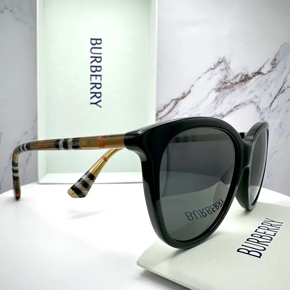 New Burberry Sunglasses Black Front Round Pantos Frame Checkered Arms Gray Lens - Picture 9 of 16